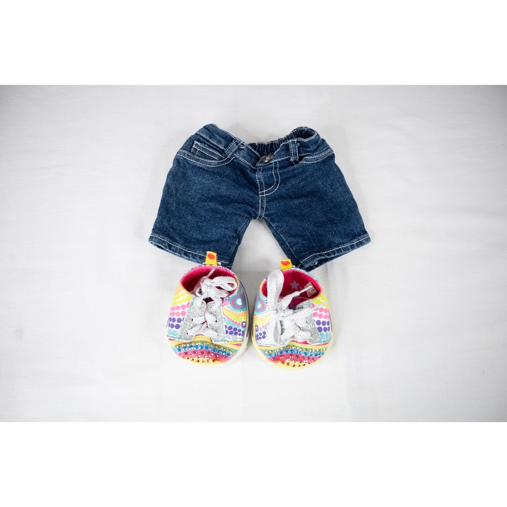 Build-A-Bear Shorts and Shoes Blue Jean Excellent Denim Rainbow Rhinestone kids‎